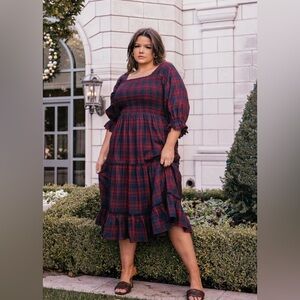 JessaKae Red and Navy Plaid Midi Dress